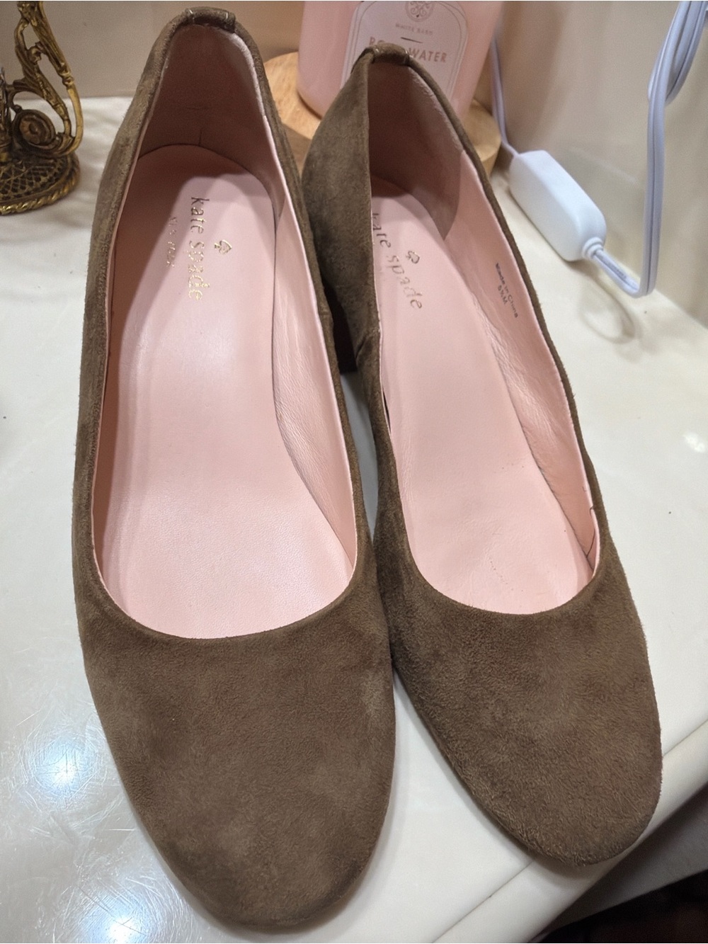 kate spade suede brown low block heel pumps with pink insole